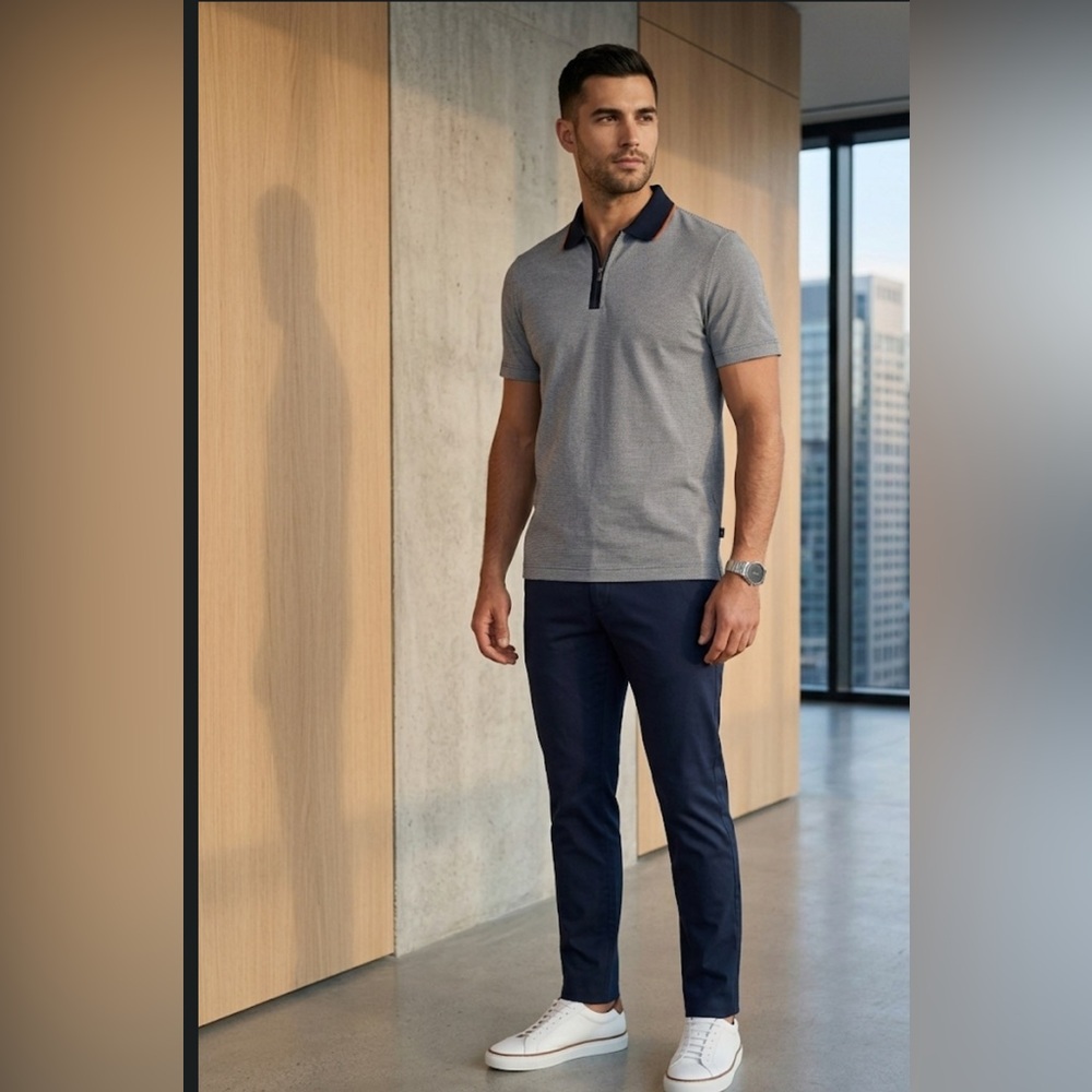 Hugo Boss Slim Fit Quarter-Zip Polo Shirt - Navy/White Soft Cotton Stretch XL